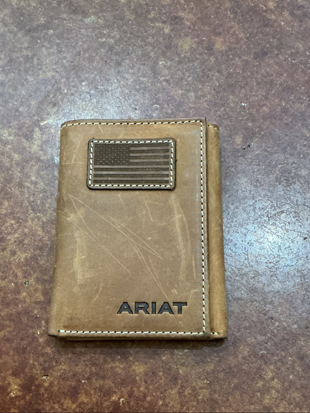 Ariat Brown Leather Trifold Card Holder with Flag Patch